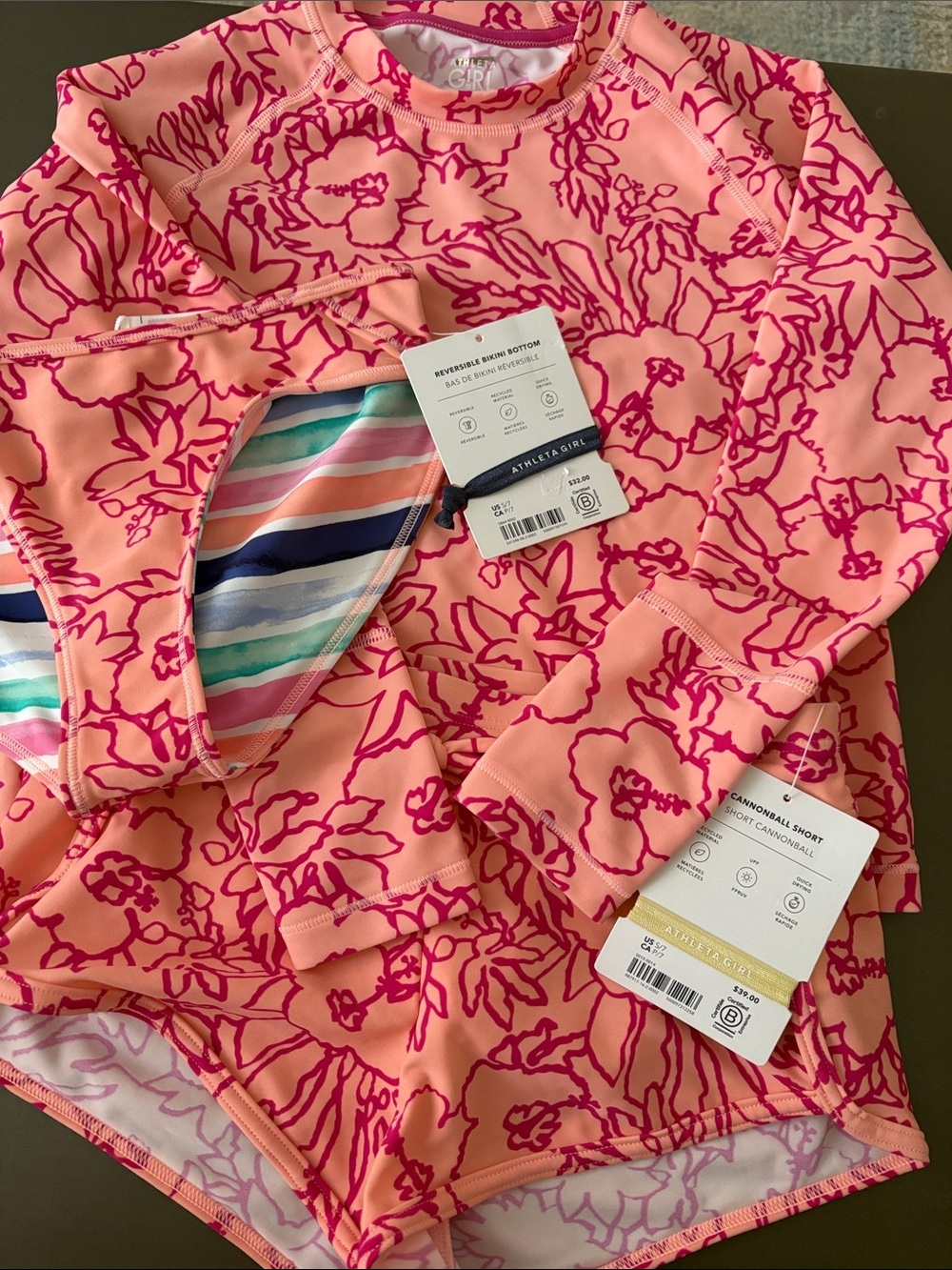 NWT Athleta Girl Bundle of 3 -Rashguard, cannonball short & bikini bottoms Sz 7